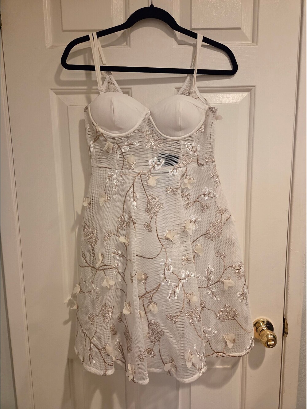 White fairycore Floral Embroidered Mini Dress with Spaghetti Straps - large